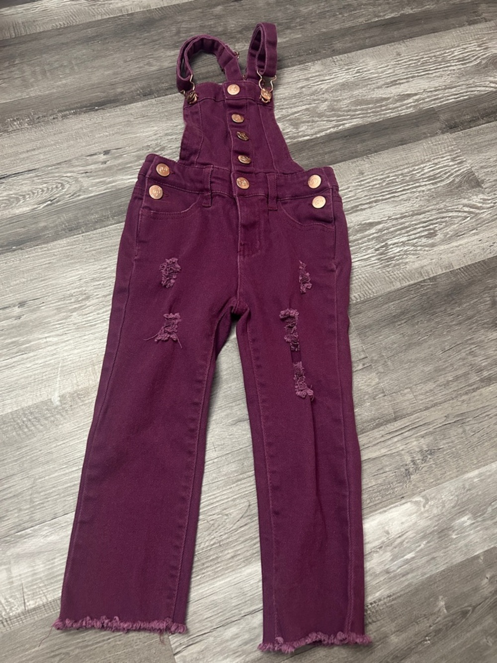 Kids Burgundy Distressed Denim Overalls with Adjustable Straps
